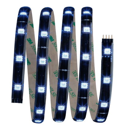 Flexible LED strip with white LEDs on black tape for decorative lighting and DIY applications