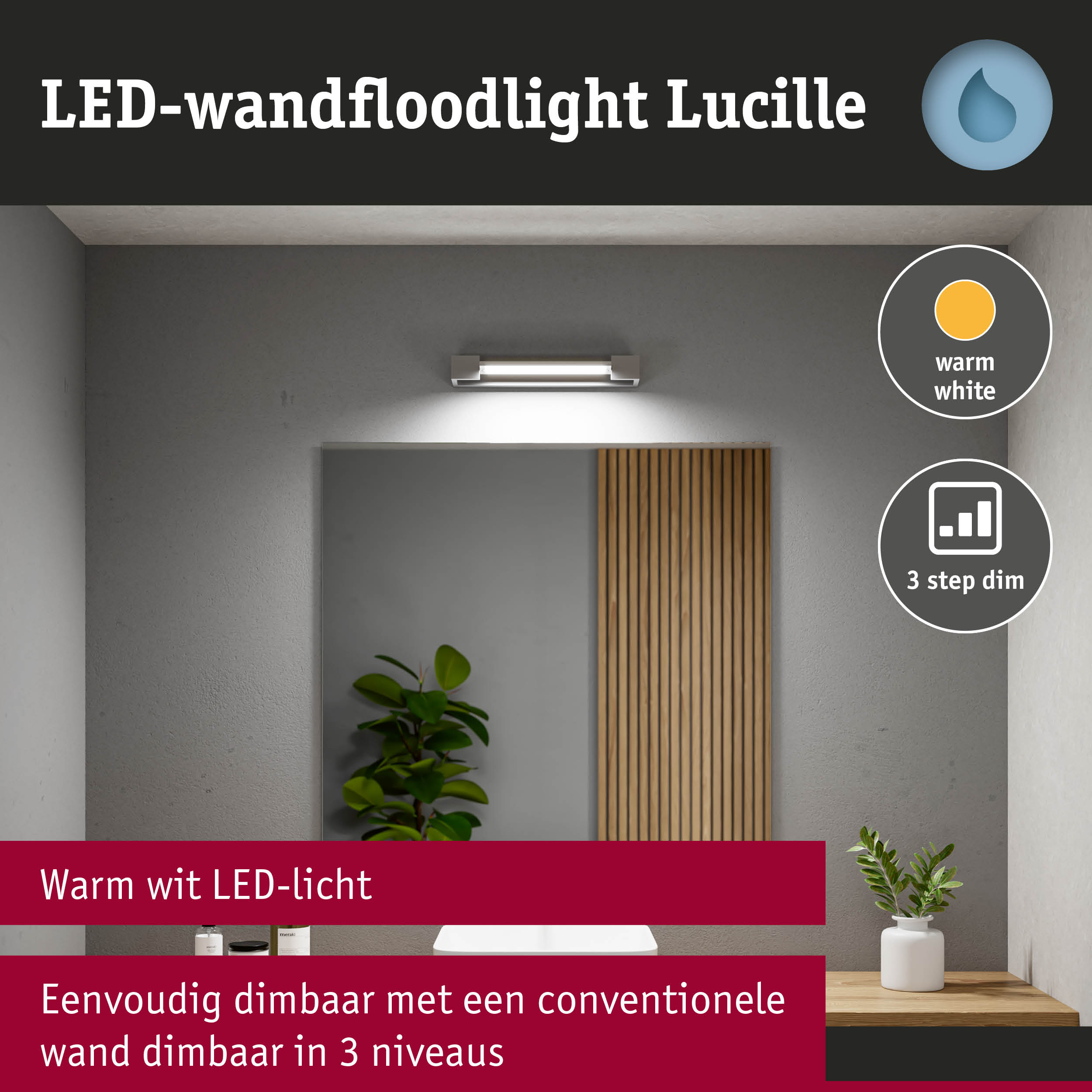 LED-wandfloodlight Lucille met warm wit licht en 3-staps dimfunctie voor badkamerverlichting