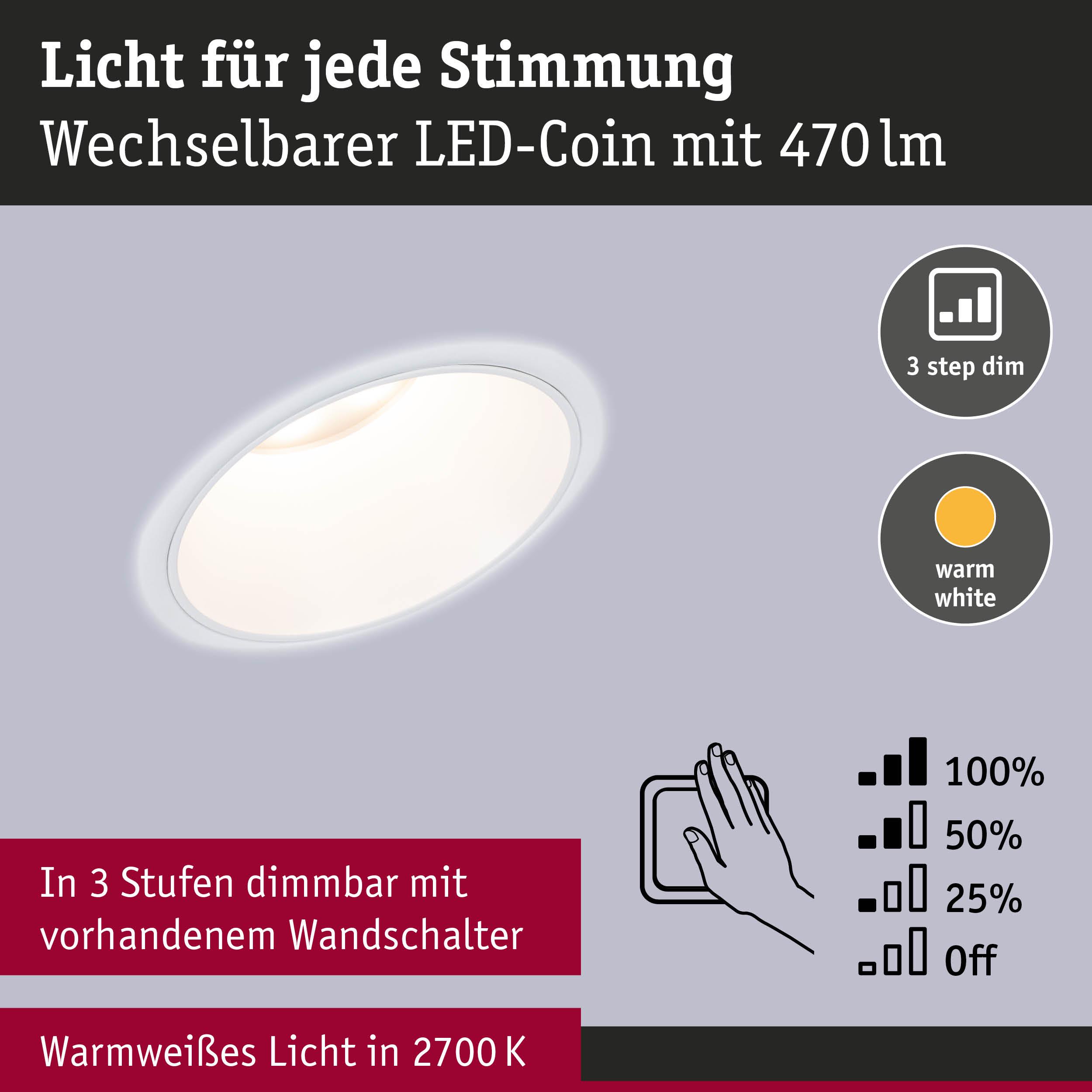 Weißer LED-Einbaustrahler mit warmweißem Licht 2700K und 3-stufiger Dimmfunktion für Wandsteuerung