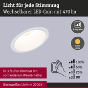 Weißer LED-Einbaustrahler mit warmweißem Licht 2700K und 3-stufiger Dimmfunktion per Wandschalter