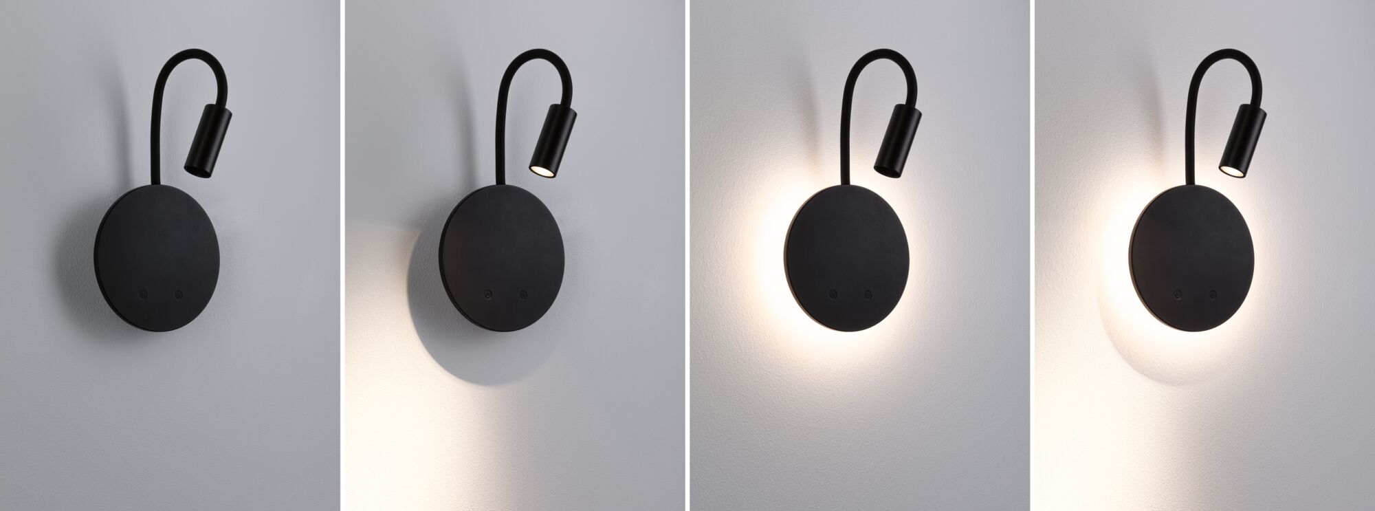 Black LED wall light with flexible reading arm and warm white light for modern interiors