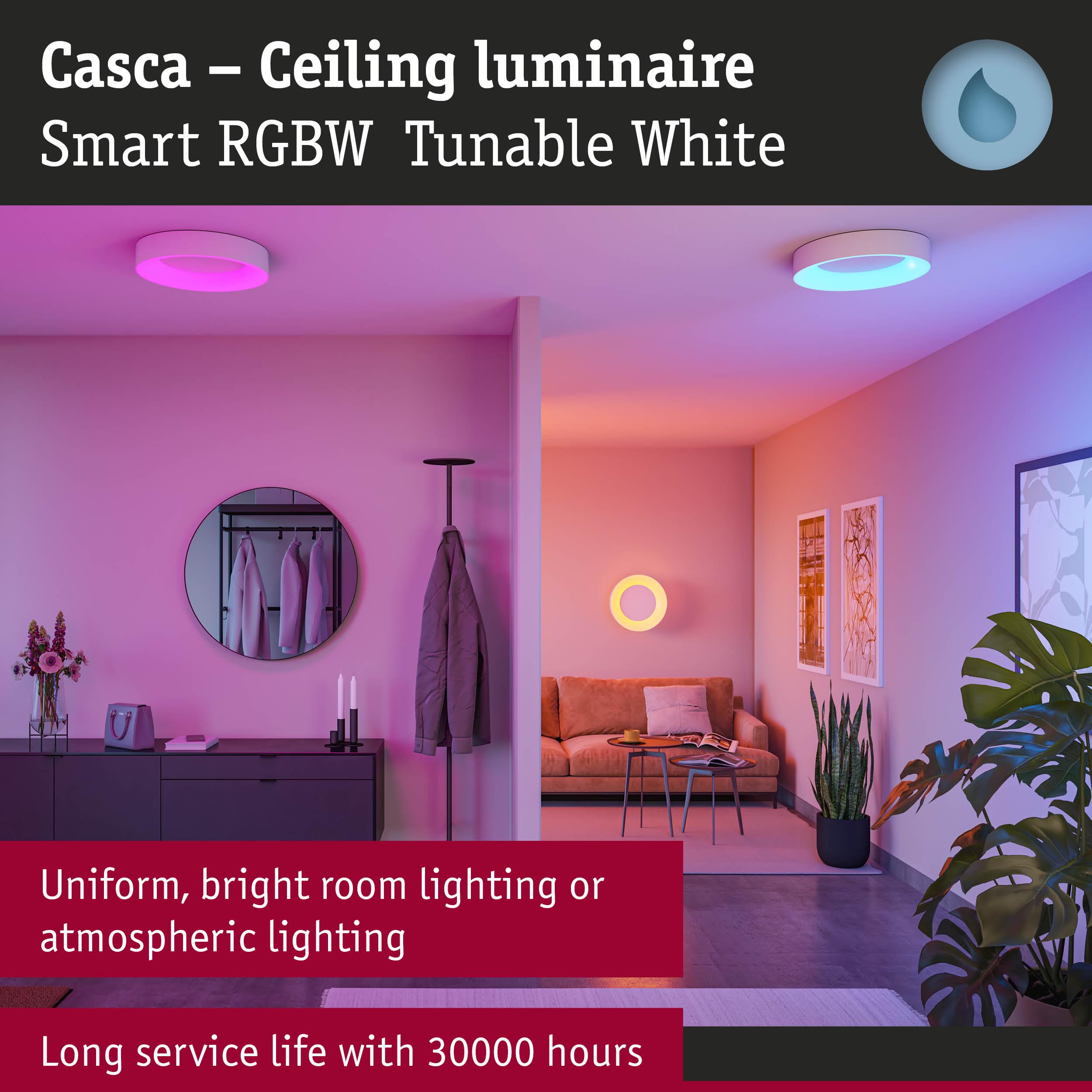 Casca white ceiling luminaire with smart RGBW tunable white light for bright and ambient room lighting