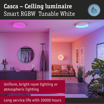 Casca white ceiling luminaire with smart RGBW tunable white light for bright and ambient room lighting