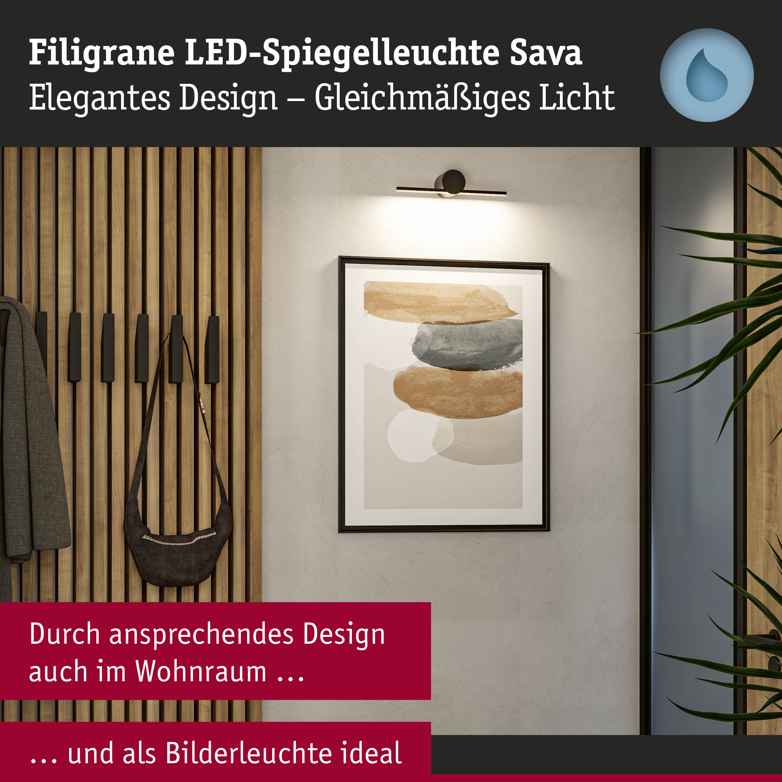 Filigrane LED-Spiegelleuchte Sava in Schwarz mit gleichmäßigem Licht für Wohnraum und Bilderbeleuchtung