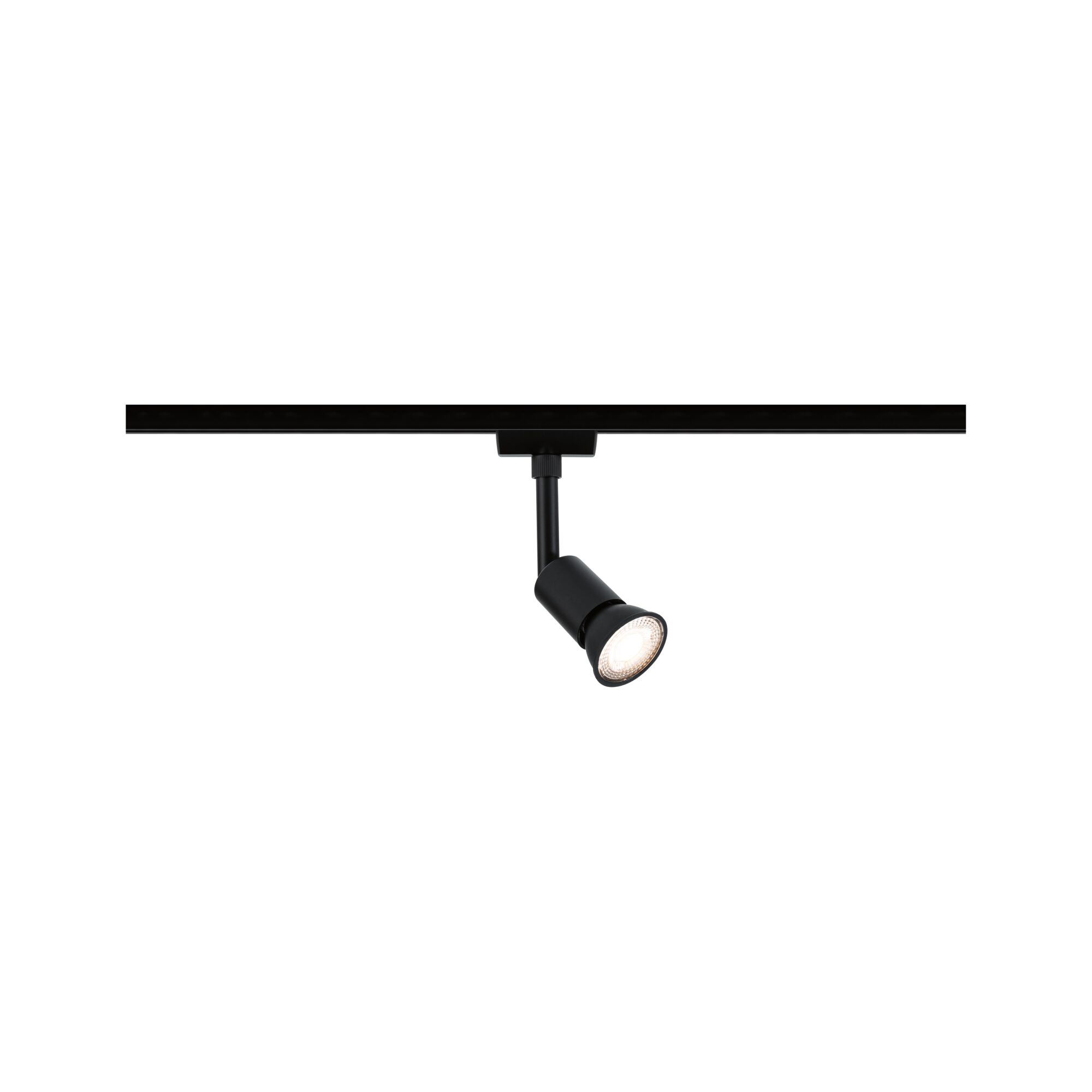 Black LED spotlight on track system for flexible lighting in modern living spaces