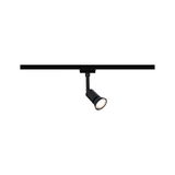 Black LED spotlight on track system for flexible lighting in modern living spaces