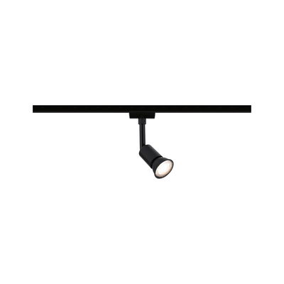 Black LED spotlight on track system for flexible lighting in modern living spaces