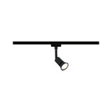 Black LED spotlight on track system for flexible lighting in modern living spaces