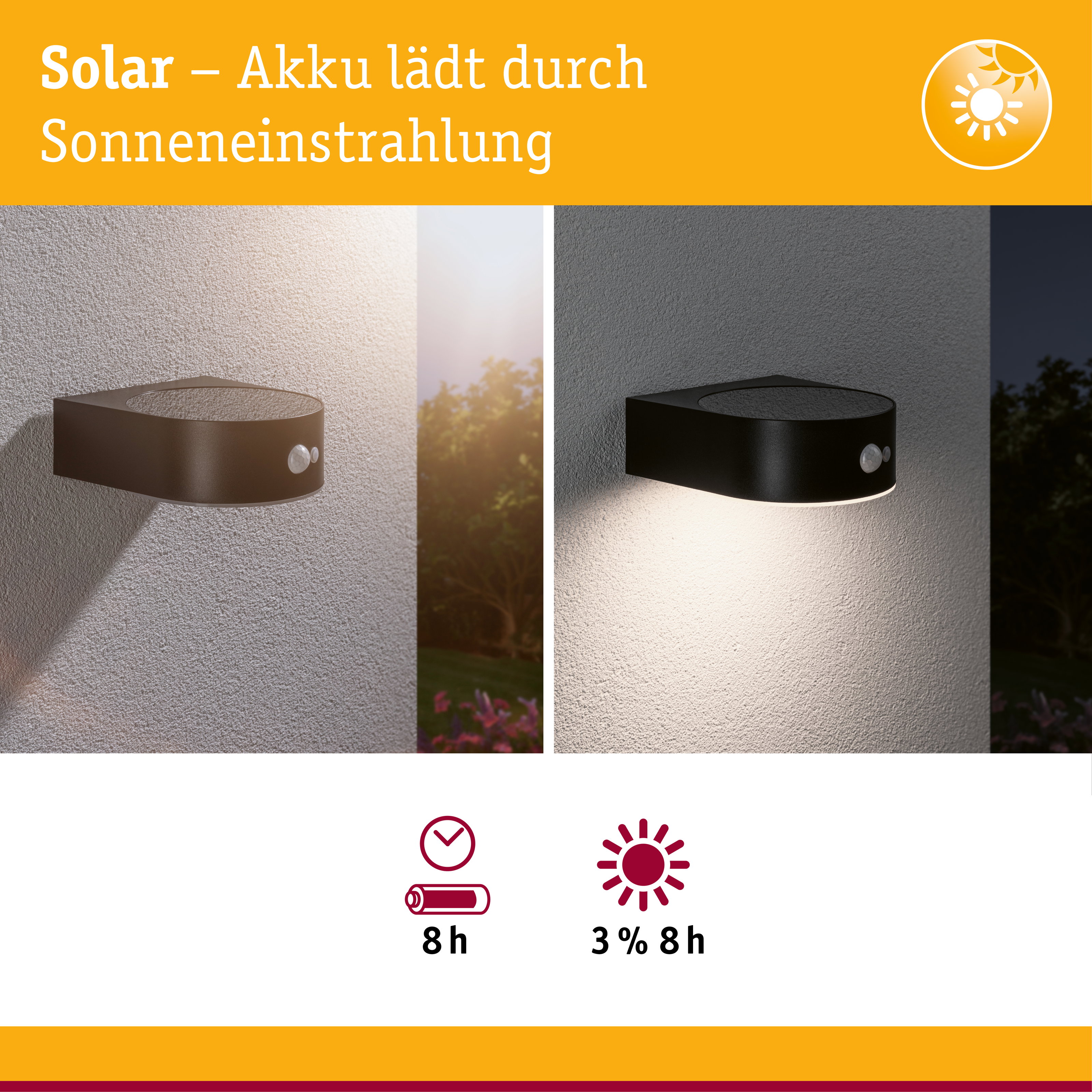 Solar LED Außenwandleuchte Eileen Bewegungsmelder IP44 3000K 400lm Schwarz