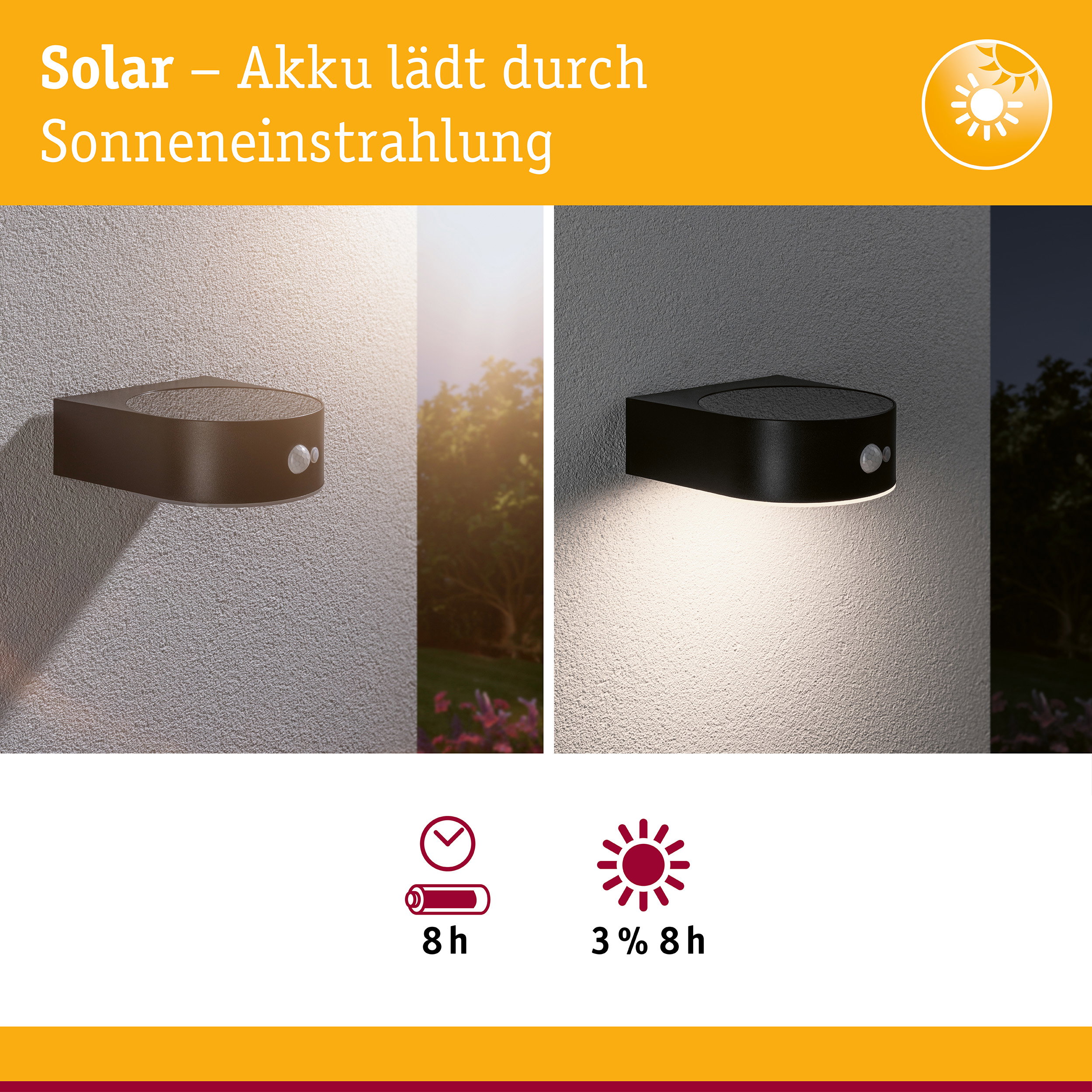 Solar LED Außenwandleuchte Eileen Bewegungsmelder IP44 3000K 400lm Schwarz