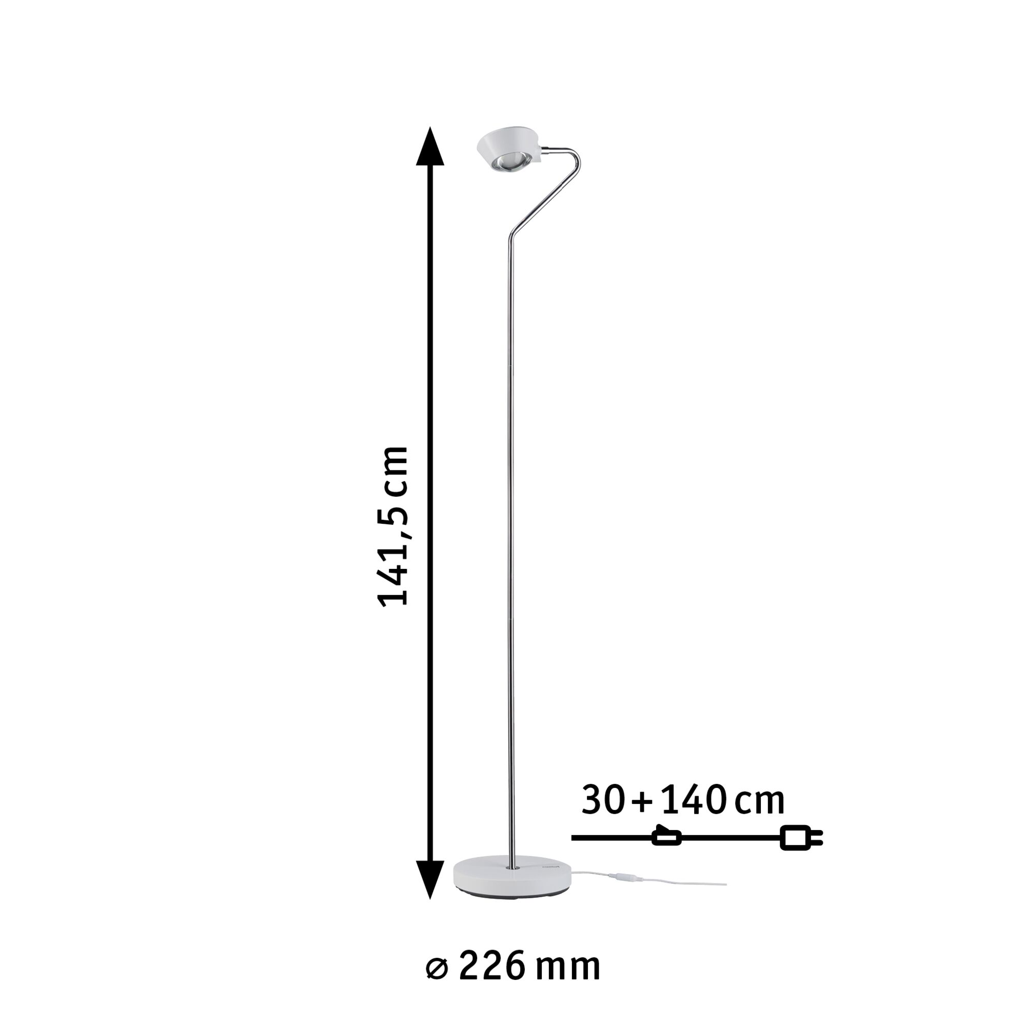 White metal floor lamp with adjustable head, 141.5 cm tall LED standing light with power cable.