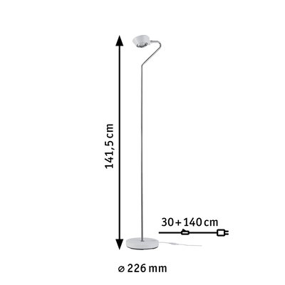 White metal floor lamp with adjustable head, 141.5 cm tall LED standing light with power cable