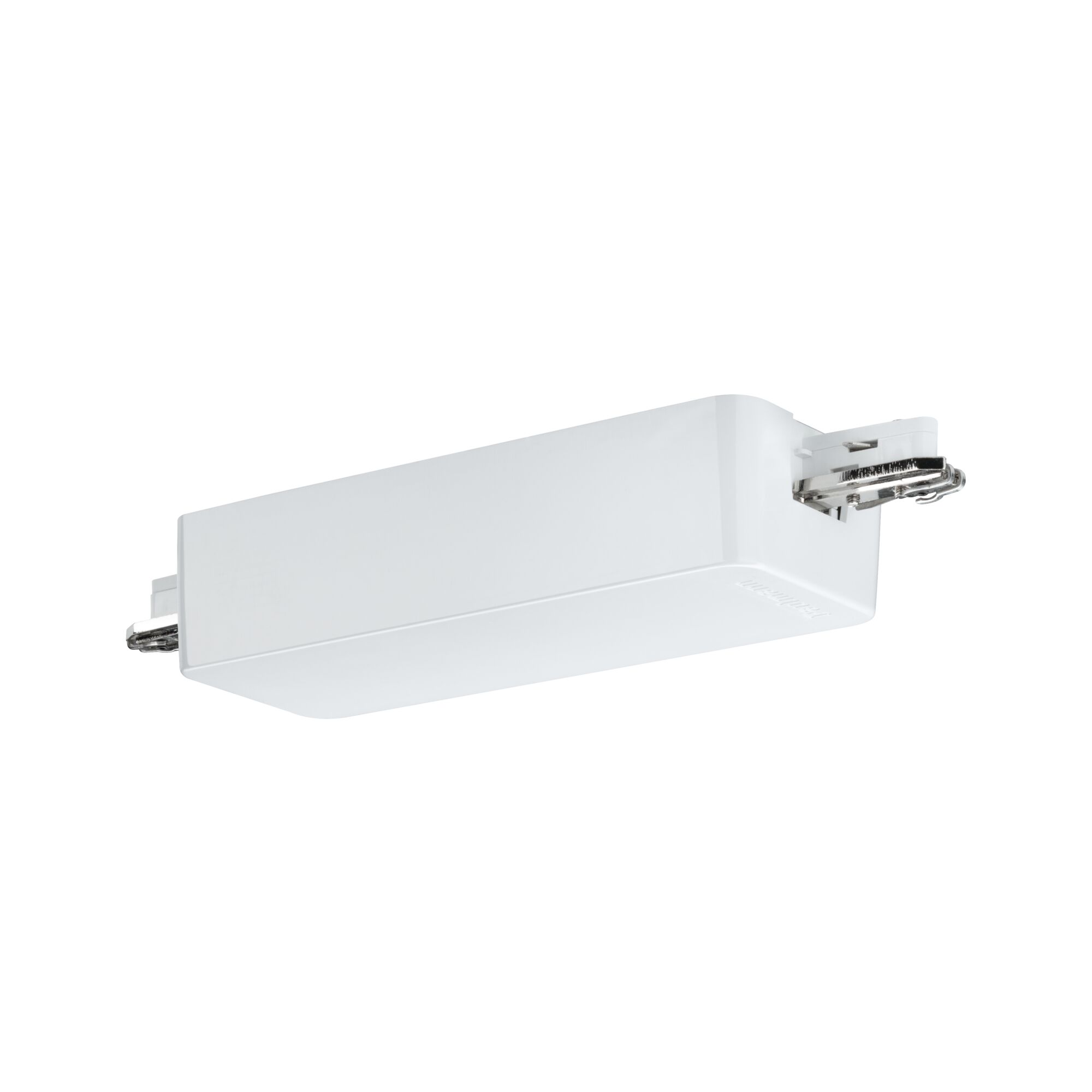 Witte kunststof behuizing met metalen aansluitingen voor LED-rails verlichtingssystemen