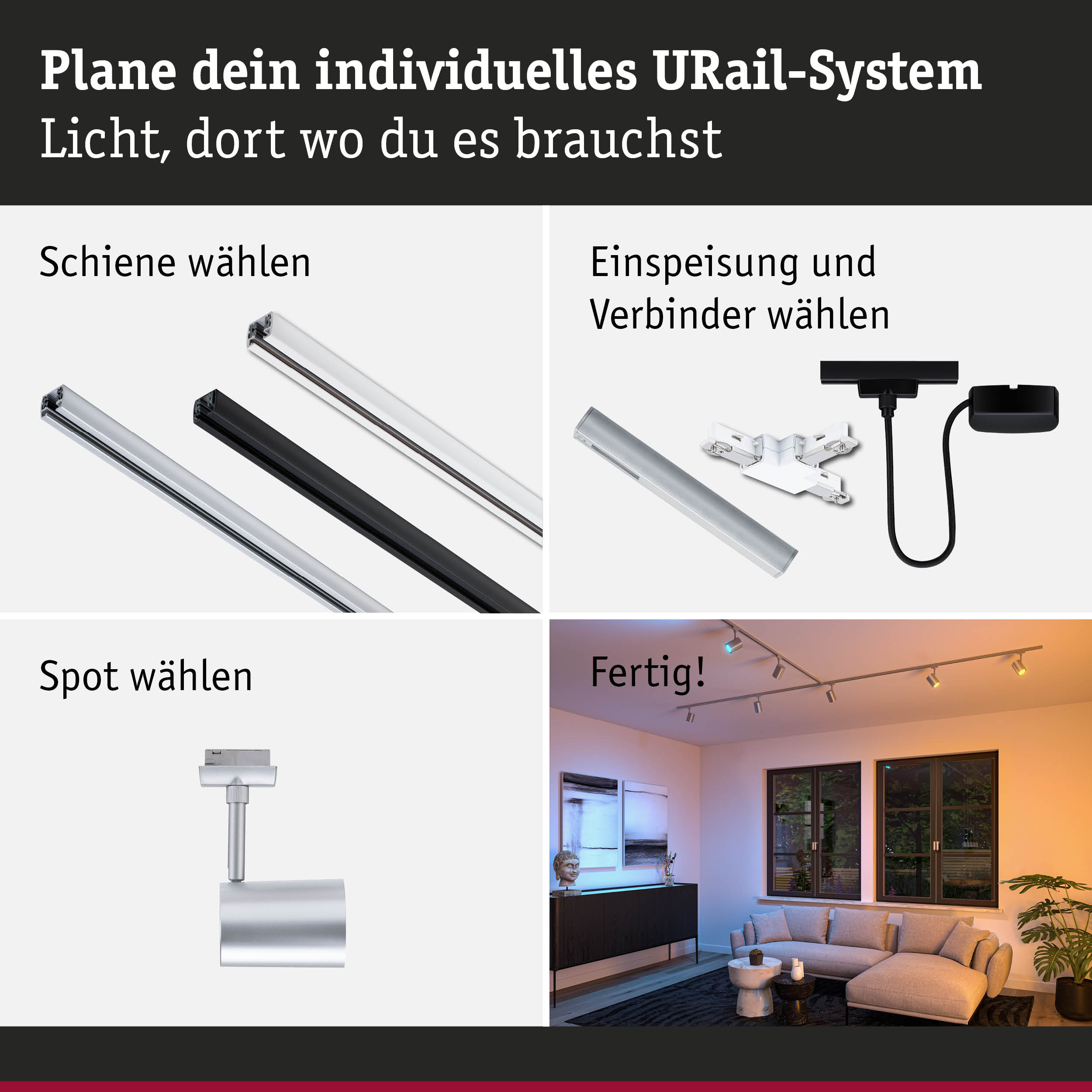 Modulares URail-Schienensystem in Schwarz und Weiß mit Spots für individuelle Lichtplanung im Wohnraum