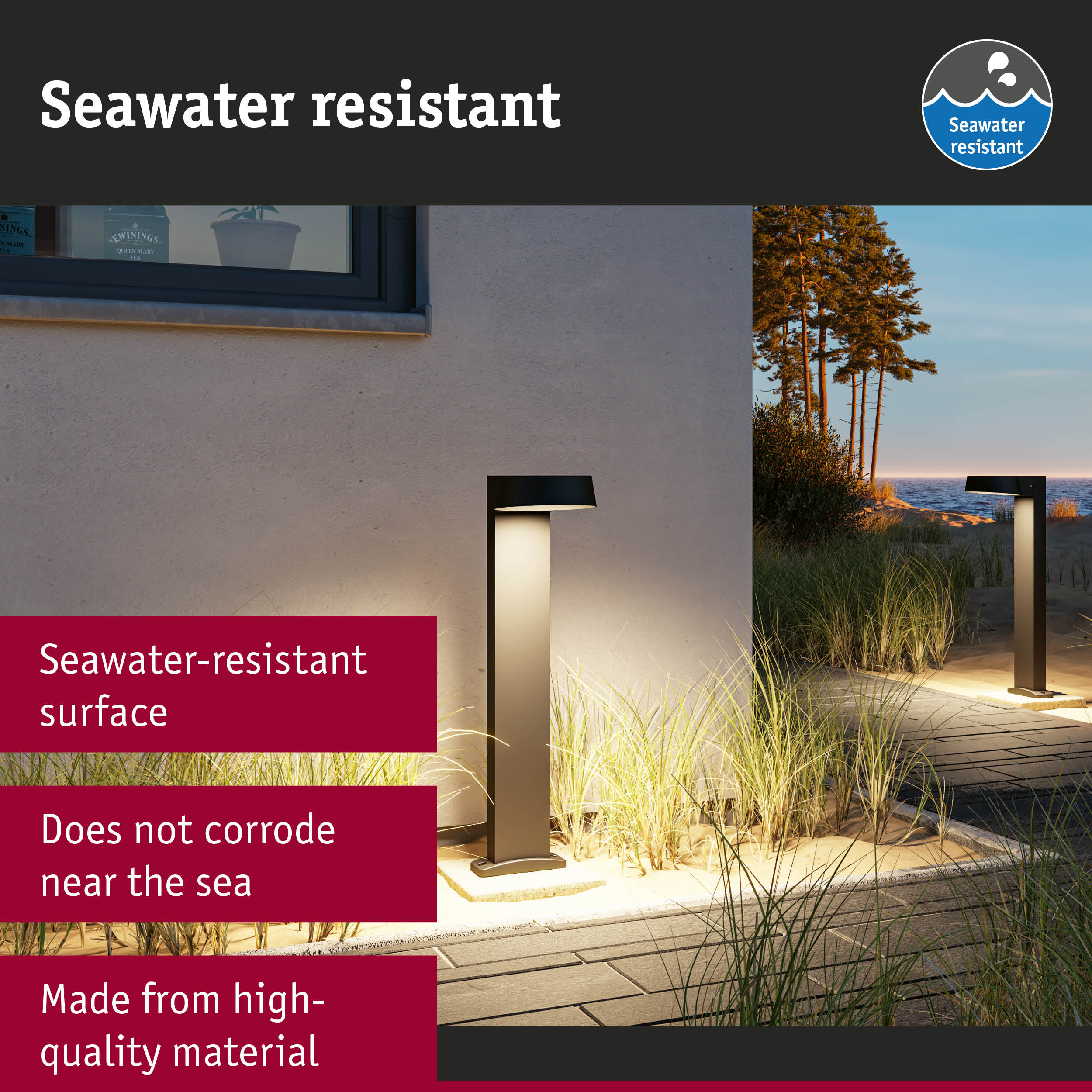 Modern black outdoor lamp with seawater-resistant surface for garden and terrace lighting