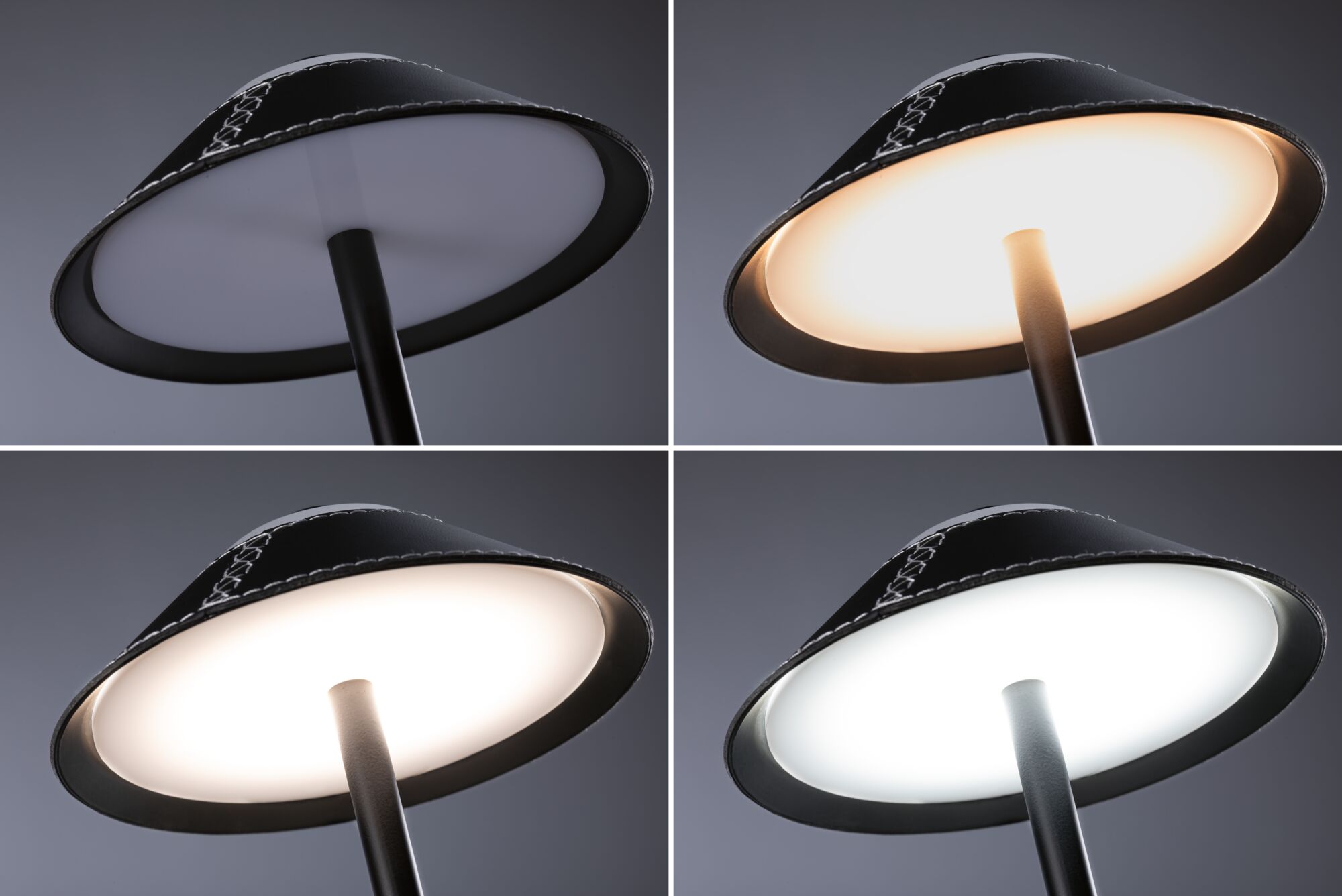 Four views of a black LED floor lamp with adjustable light color and white diffuser.