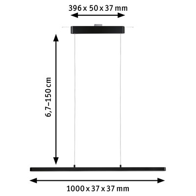 Black metal LED pendant light with adjustable height 6.7-150 cm and 100 cm length