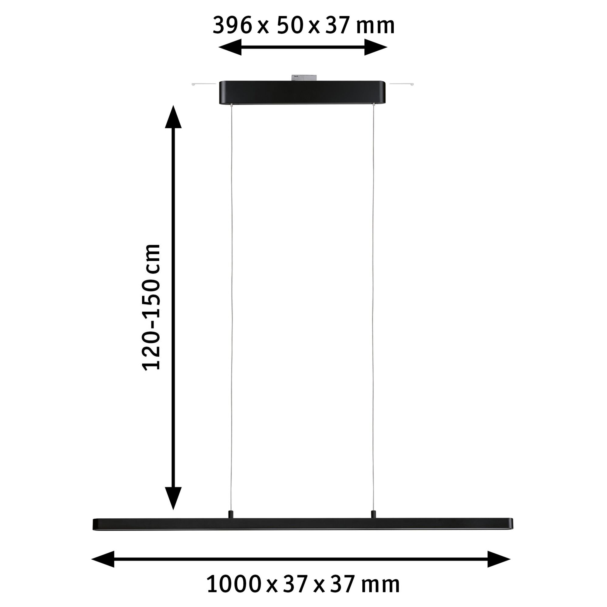 Zwarte LED-hanglamp met verstelbare lengte 120-150 cm en afmetingen 1000x37x37 mm voor moderne verlichting