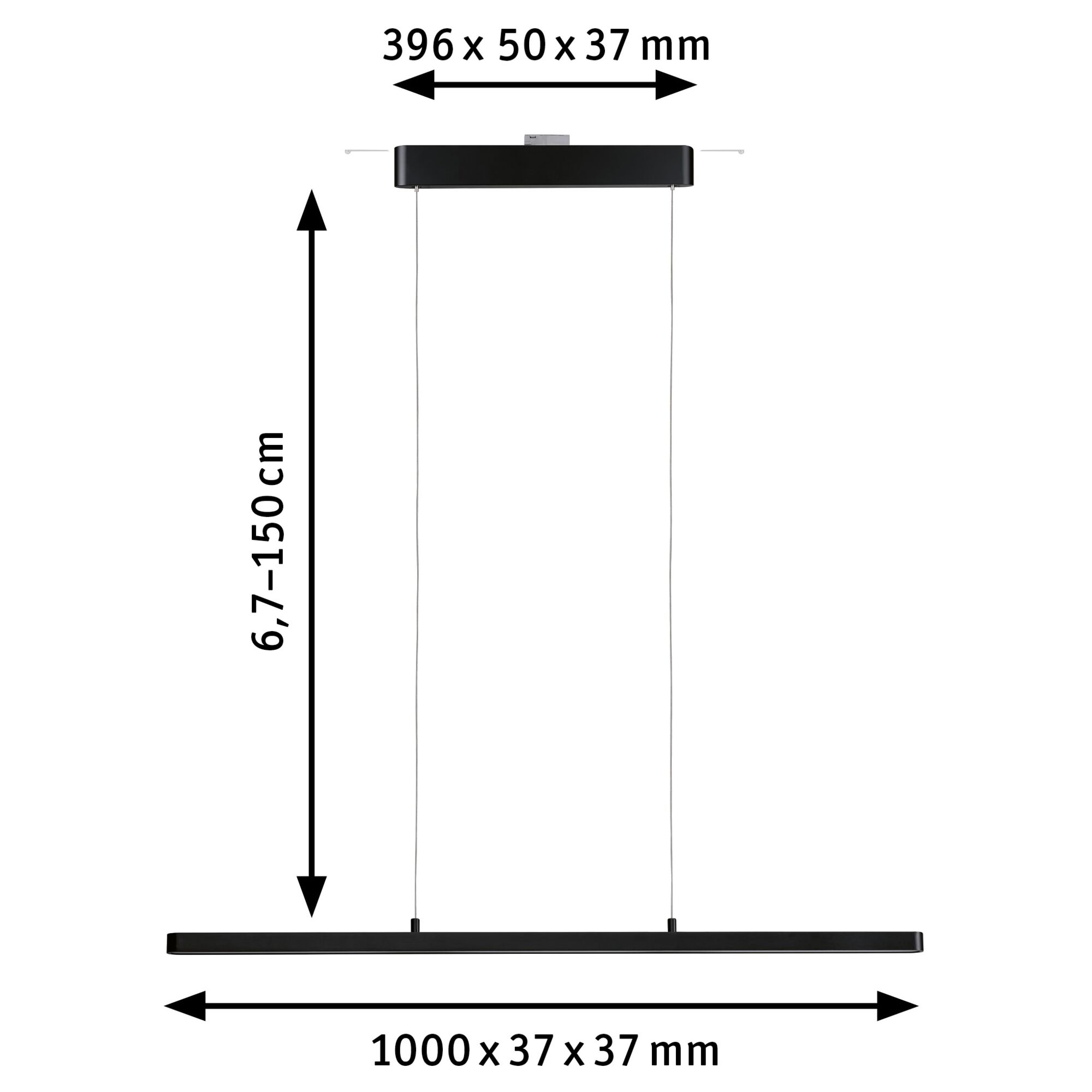 Schwarze LED-Pendelleuchte mit verstellbarer Höhe 67-150 cm und Maßen 1000x37x37 mm