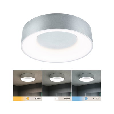 Round silver metal ceiling light with adjustable color temperature from 3000 to 6500 Kelvin.