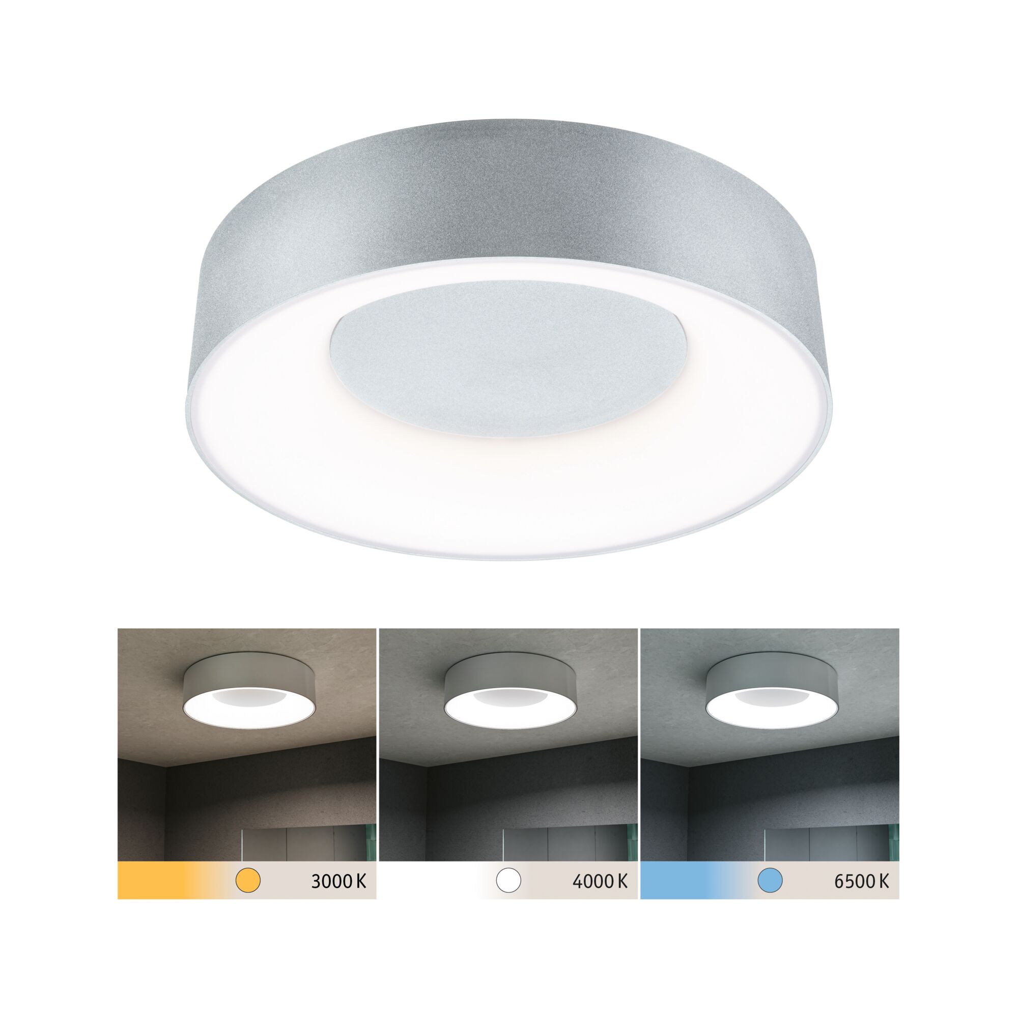 Lampa sufitowa LED Casca IP44 White Switch 1500lm 230V 16W Alu mat Round silver metal ceiling light with adjustable color temperature from 3000 to 6500 Kelvin.