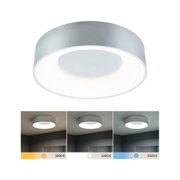 Plafonnier rond en métal argenté avec température de couleur réglable de 3000 à 6500 Kelvin.