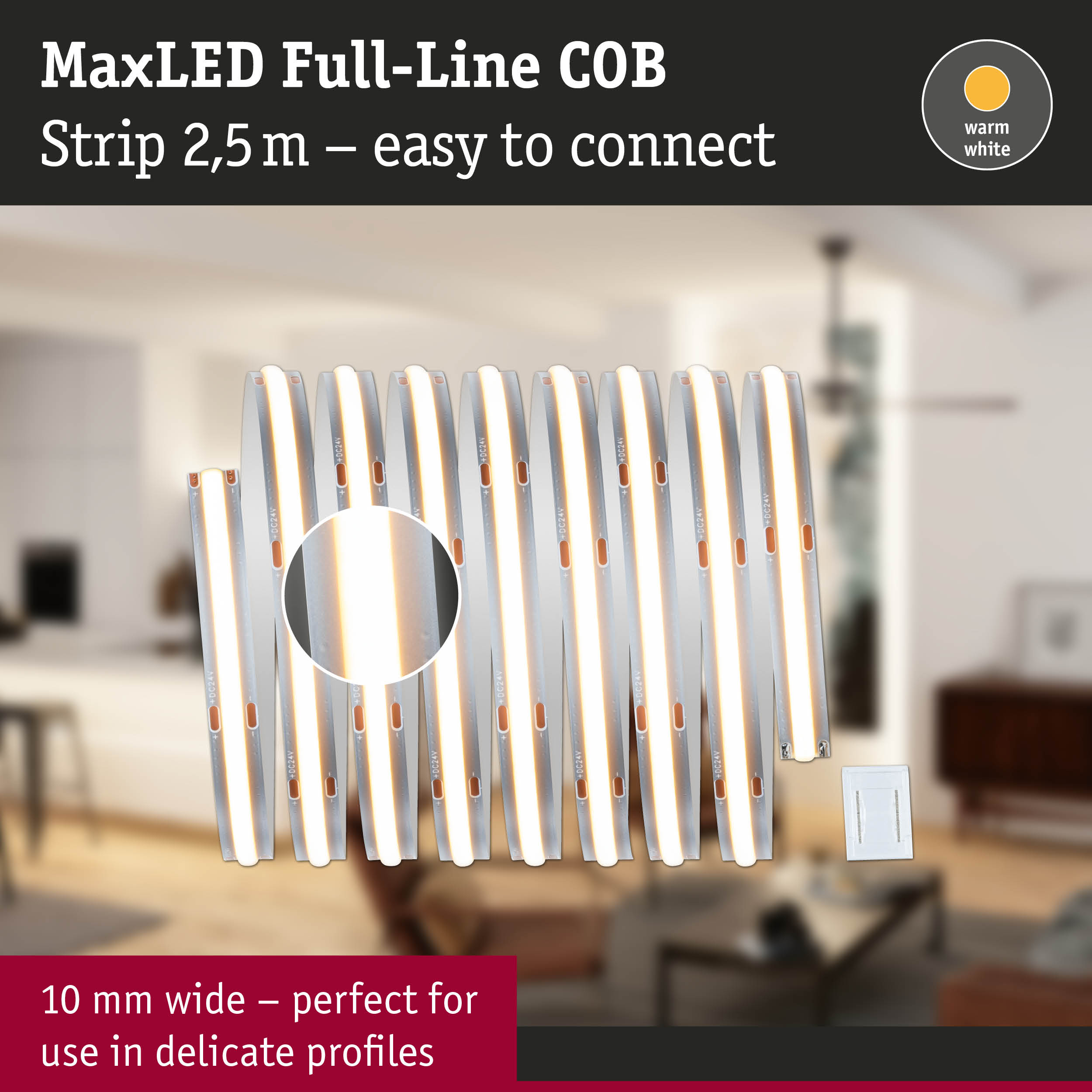 MaxLED Full-Line COB 2.5m warm white LED strip, 10mm wide for use in delicate profiles