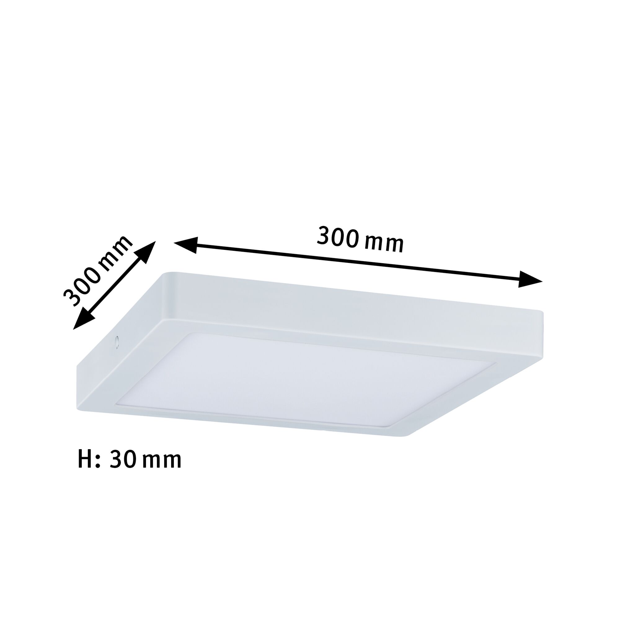 Square white LED ceiling light made of plastic, 300 mm edge length and 30 mm height