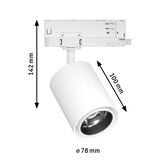 White metal LED spotlight with 78 mm diameter and 142 mm height for track lighting systems