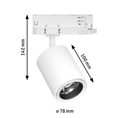 Weißer LED-Strahler aus Metall mit 78 mm Durchmesser und 142 mm Höhe für Schienensysteme
