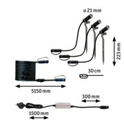 Schwarzes LED-Gartenbeleuchtungsset mit Erdspießen, Kabeln und Netzstecker, Maße in mm angegeben.