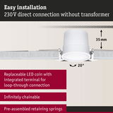 White LED recessed spotlight with 35 mm depth and 20° tilt for easy 230V direct connection without transformer