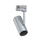 Modern silver metal LED spotlight for track systems, perfect for accent lighting in interiors.