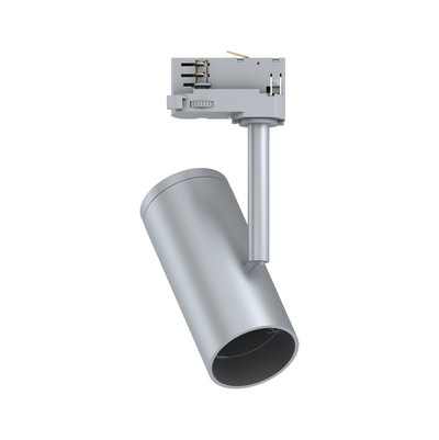 Modern silver metal LED spotlight for track systems, perfect for accent lighting in interiors.