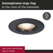 Black recessed spotlight with inconspicuous snap ring and IP23 rating, easy to change light source