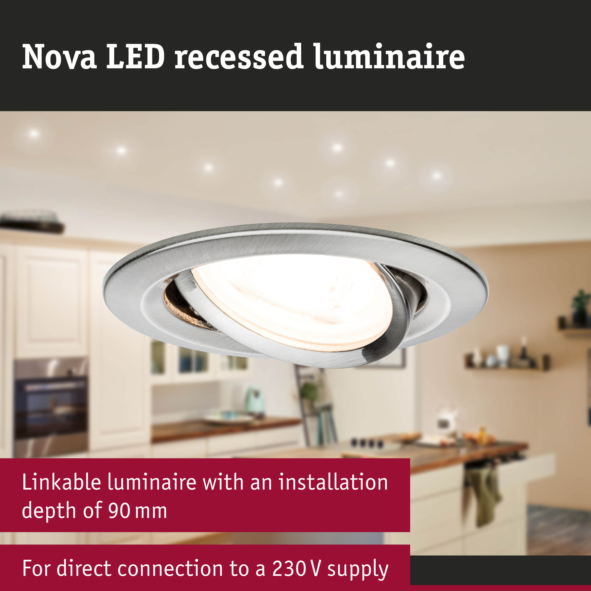 Nova LED recessed luminaire in brushed silver aluminium for modern kitchen lighting