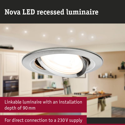 Nova LED recessed luminaire in brushed silver aluminium for modern kitchen lighting