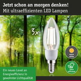 Drei transparente LED-Lampen in Kerzenform mit warmweißem Licht und hoher Energieeffizienz