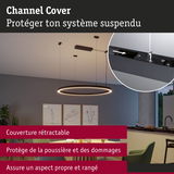 Suspension LED ronde noire avec couverture rétractable protégeant de la poussière et des dommages