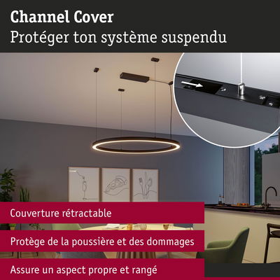 Suspension LED ronde noire avec couverture rétractable protégeant de la poussière et des dommages