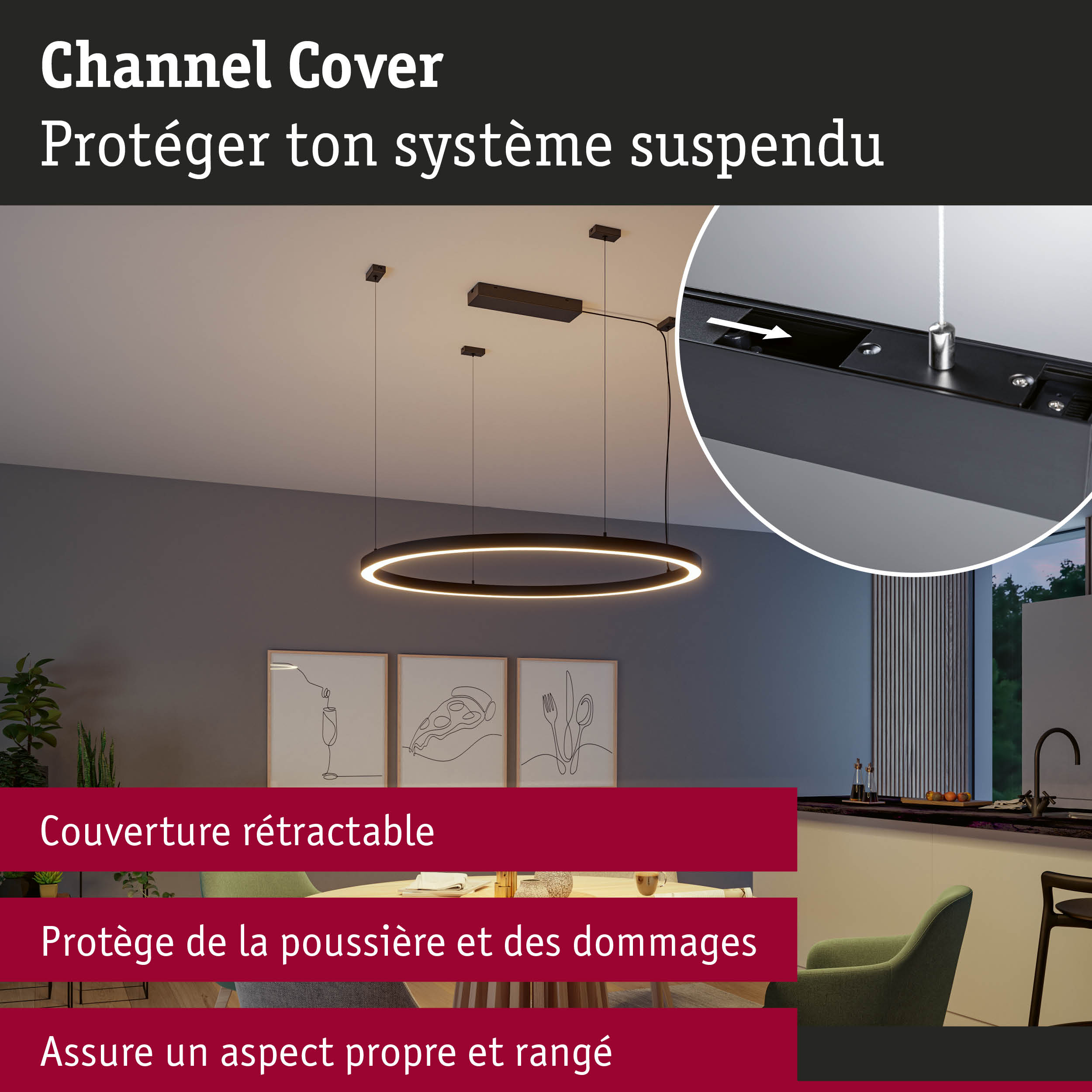 Suspension LED ronde noire moderne avec couverture rétractable protégeant de la poussière et des dommages