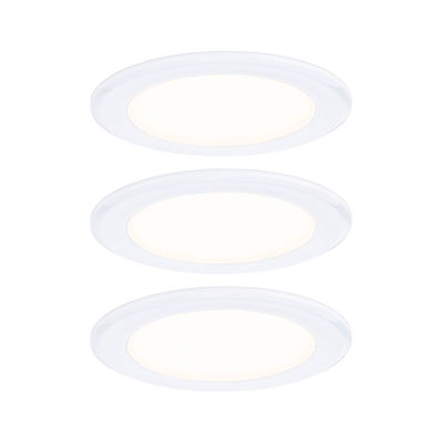 Three white round LED recessed lights made of plastic for energy-efficient room lighting