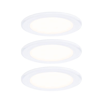 Three white round LED recessed lights made of plastic for energy-efficient room lighting