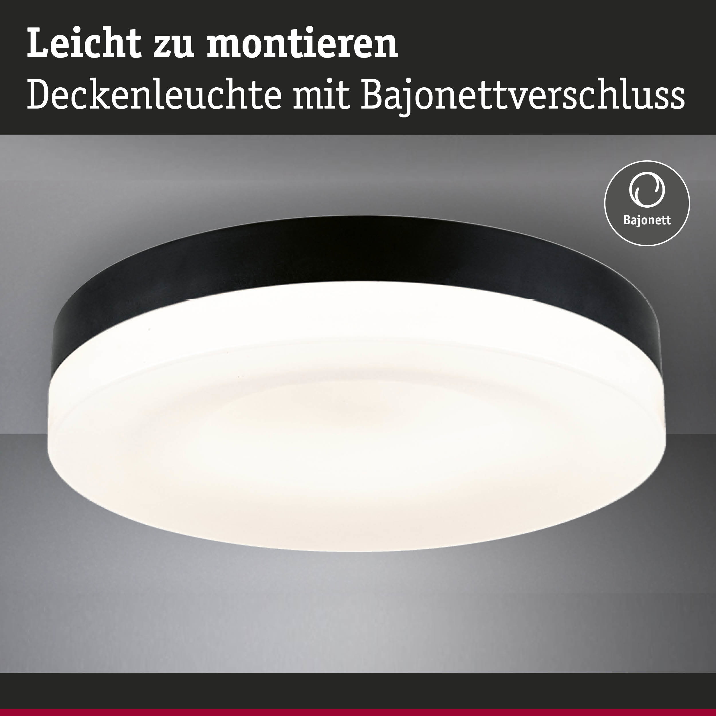 Schwarze Deckenleuchte mit Bajonettverschluss und weißem Diffusor, einfach zu montieren