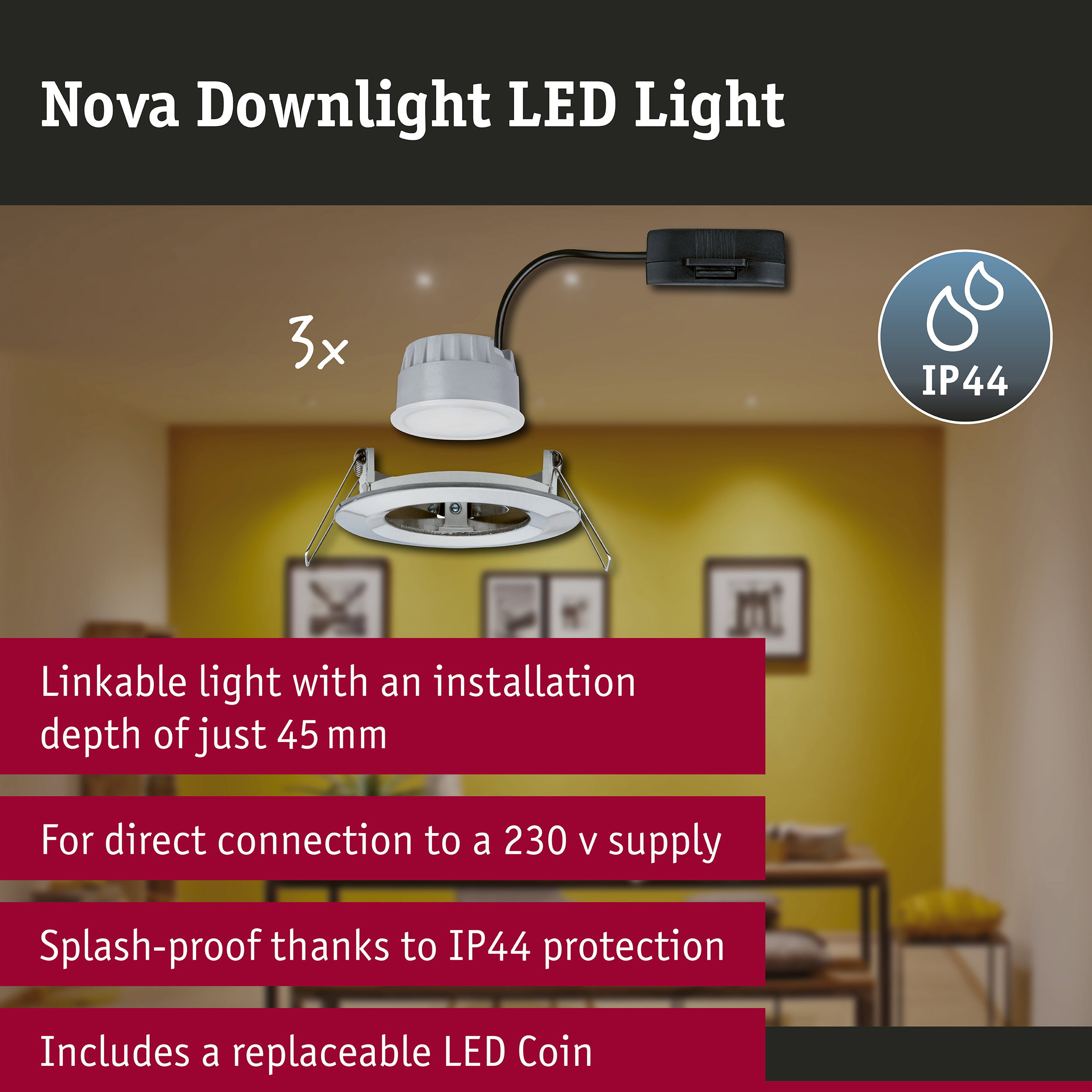 LED Downlight 3-Step-Dim Nova Coin Basic Set Rigid IP44 round 78mm Coin 3x6W 3x470lm 230V dimmable 2700K Brushed iron