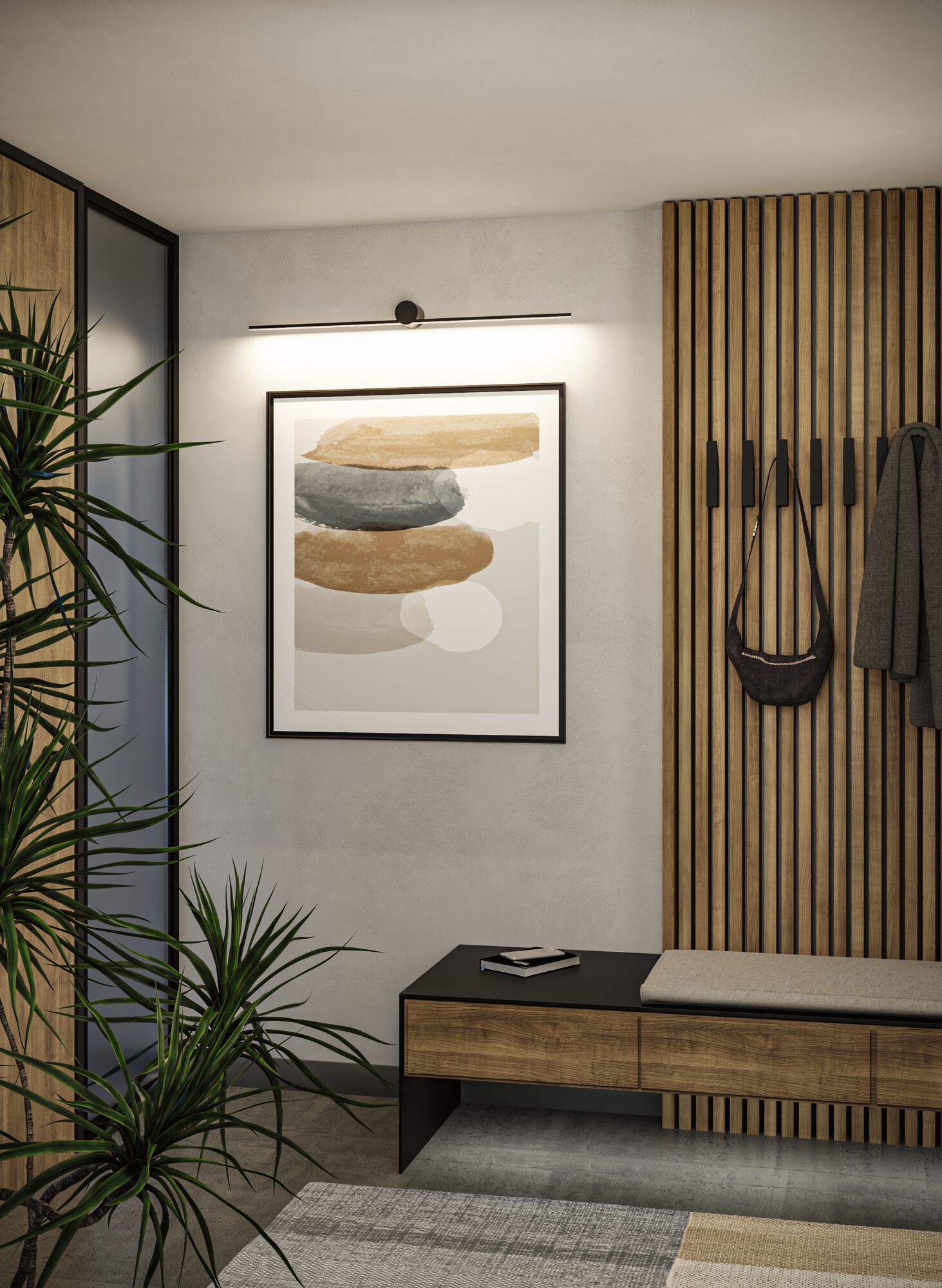 Black LED picture light above abstract art with wooden bench and coat rack in modern hallway