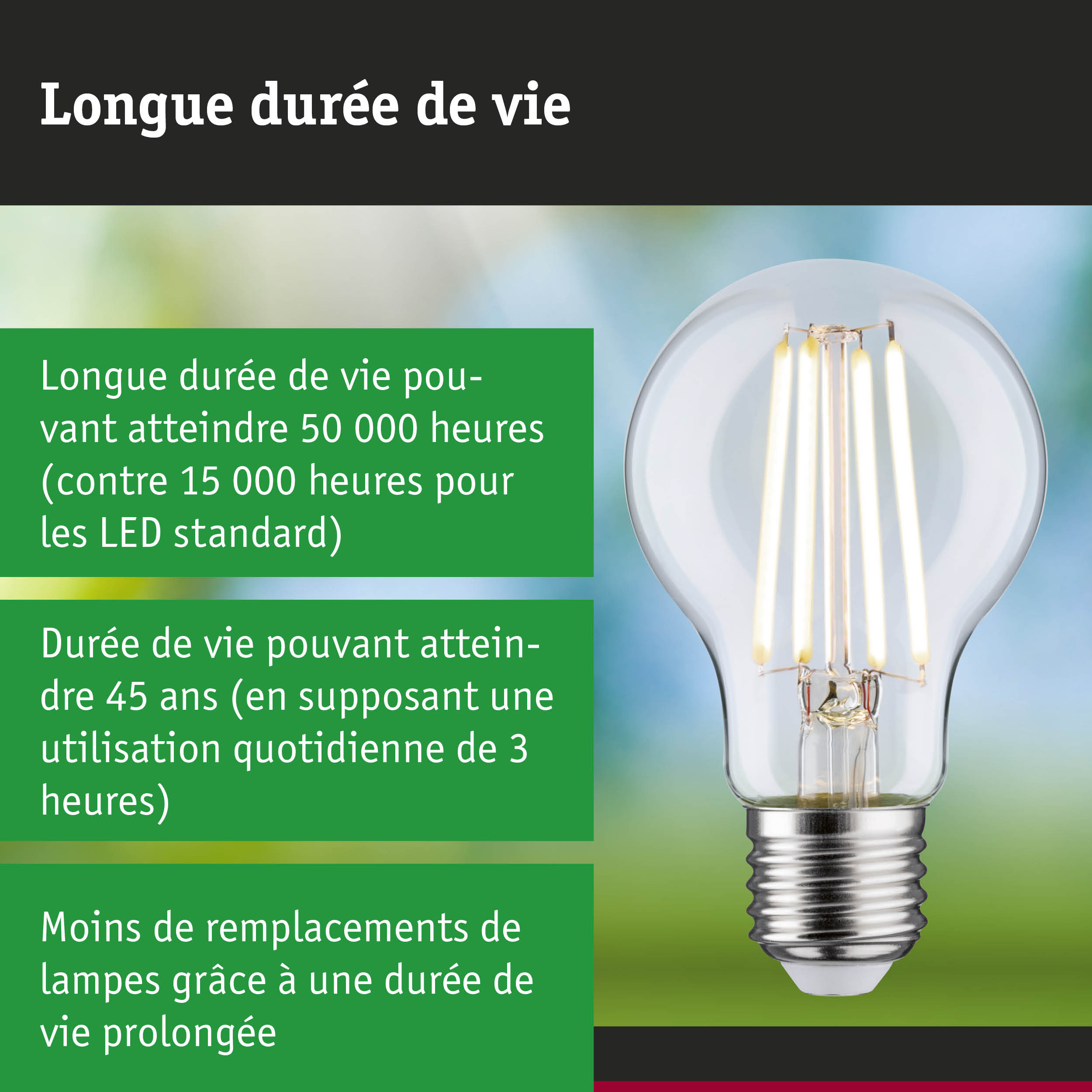 Ampoule LED avec durée de vie 3,5 fois plus longue qu’une lampe traditionnelle, éclairage durable
