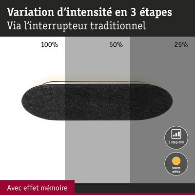 Variation d’intensité LED en 3 étapes avec lumière blanc chaud et effet mémoire pour interrupteur traditionnel.