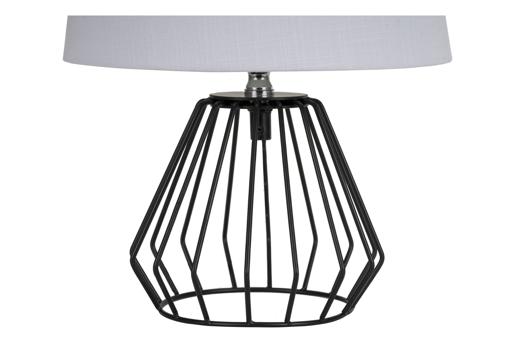 Moderne Tischlampe mit schwarzem Metallgestell und weißem Stoffschirm für stilvolle Beleuchtung.