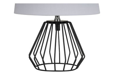 Moderne Tischlampe mit schwarzem Metallgestell und weißem Stoffschirm für stilvolle Beleuchtung.